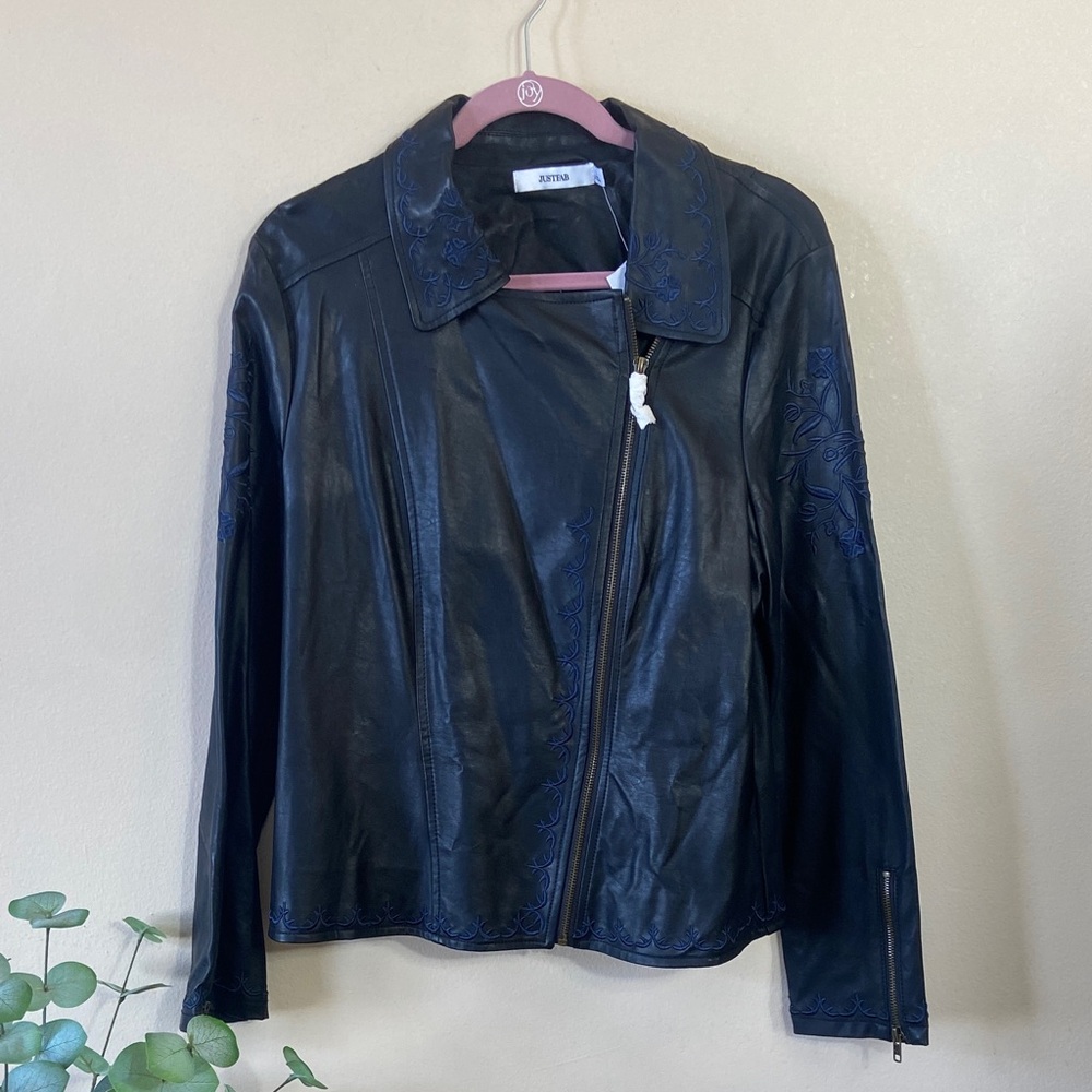 Black Faux Leather Moto Jacket Large JustFab Blue Floral Embroidered Biker New